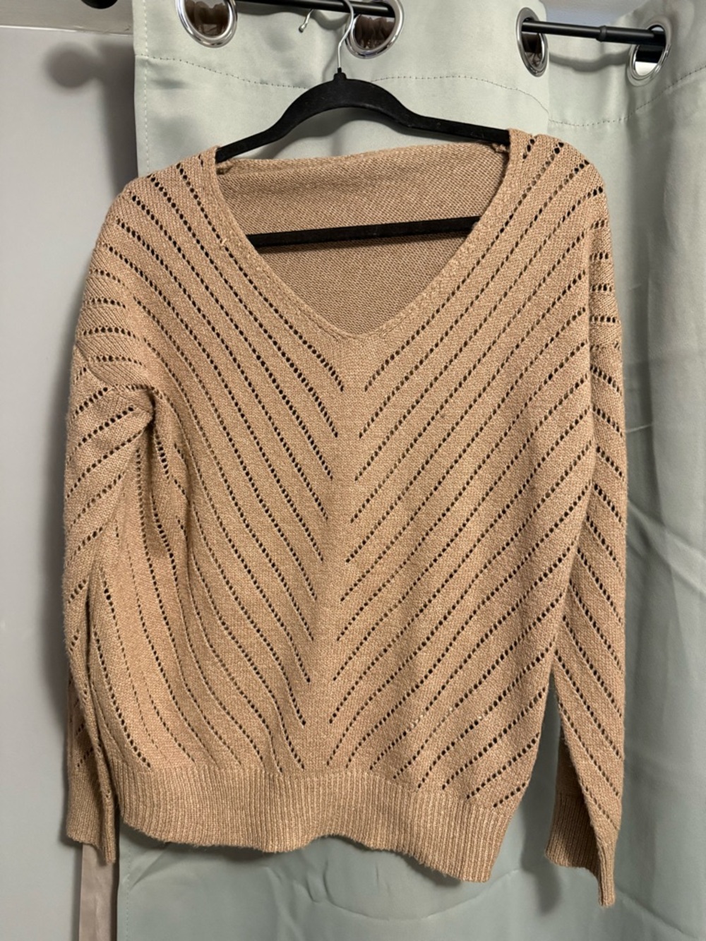 SHEIN Beige Open-Knit V-Neck Sweater